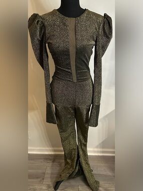Metallic Gold Sparkly Puff-Sleeve Jumpsuit - Brasil Size P (US Size S)